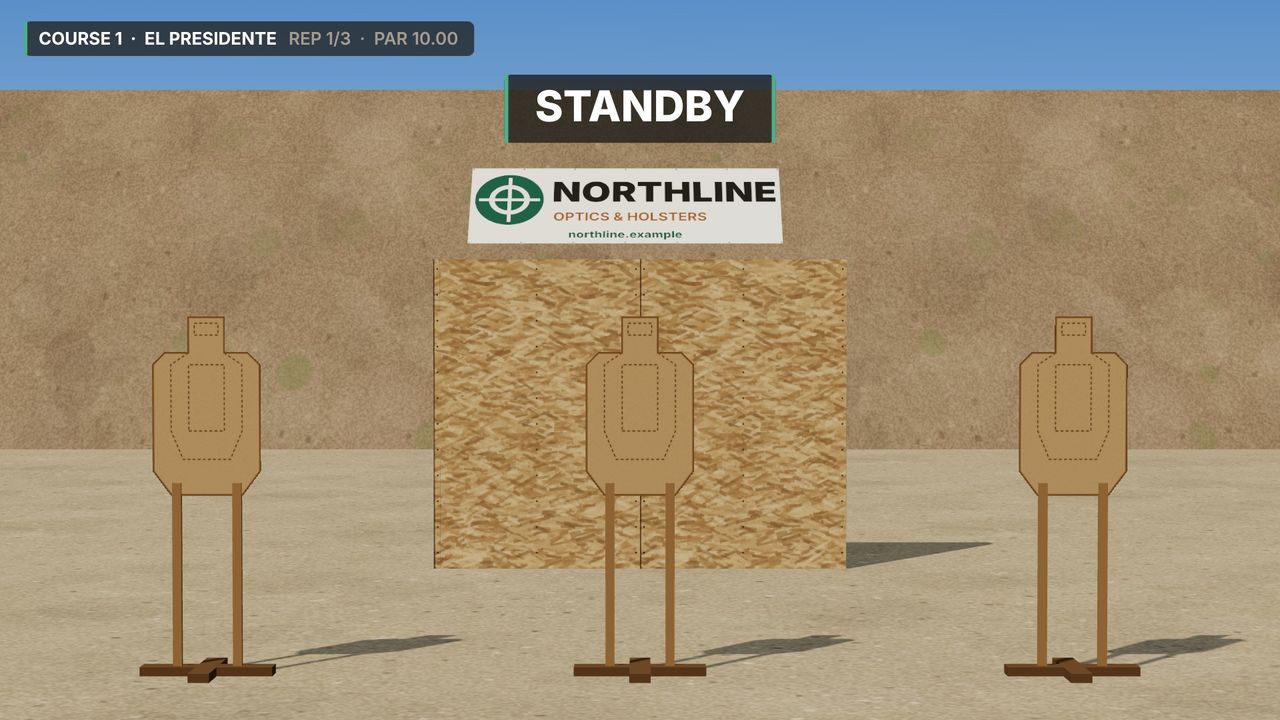 A sponsor's own logo artwork on the backstop berm behind three targets